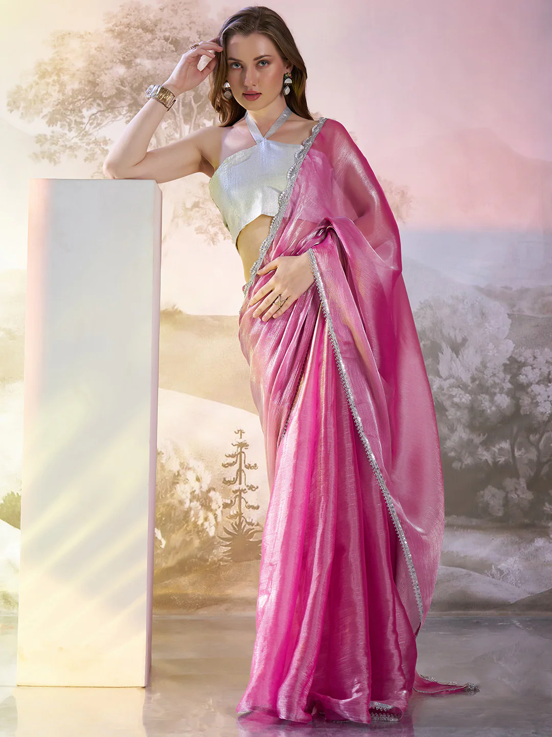 π Glamorous Pink Satin Shimmer Saree with Silver Detailing β¨πΈ