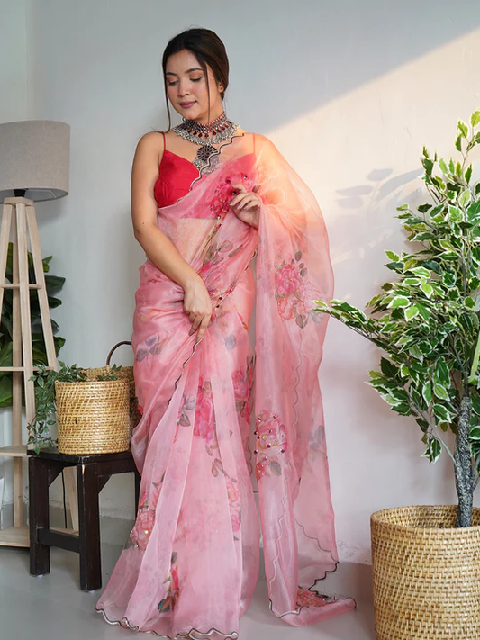 🌸 Graceful Pink Floral Organza Saree with Delicate Embroidery 🌷✨