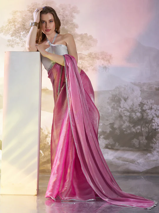 π Glamorous Pink Satin Shimmer Saree with Silver Detailing β¨πΈ