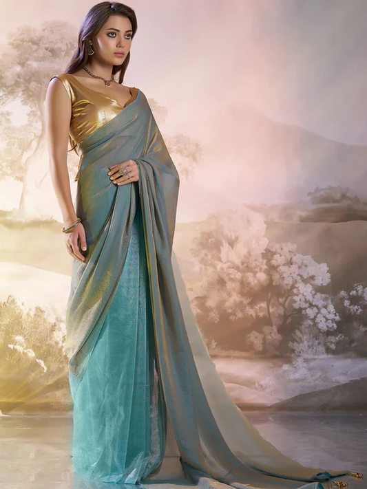 💎 Mesmerizing Sea Green Shimmer Saree with Golden Accents ✨🌊
