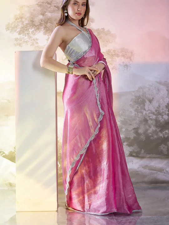 π Glamorous Pink Satin Shimmer Saree with Silver Detailing β¨πΈ