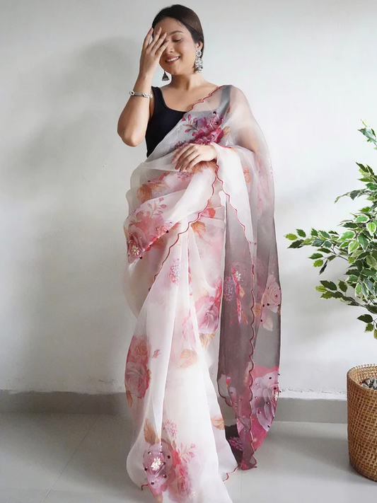 🌸 Ethereal White Floral Organza Saree with Delicate Embellishments ✨🌷